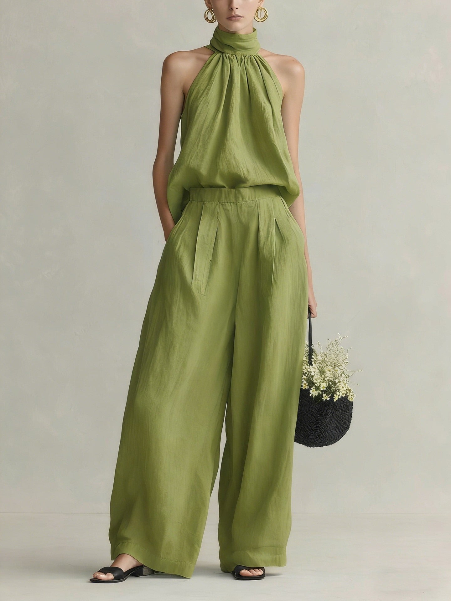 Chic Halter Neck Sleeveless Top & High-Waist Wide Leg Pants 2-Piece Linen Blend Lounge Set
