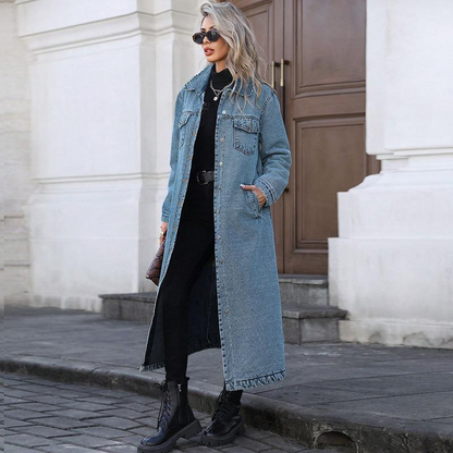 Maxi Denim Trench Coat for Women - Casual Long Sleeve Turn-Down Collar Washed Winter Duster Jacket