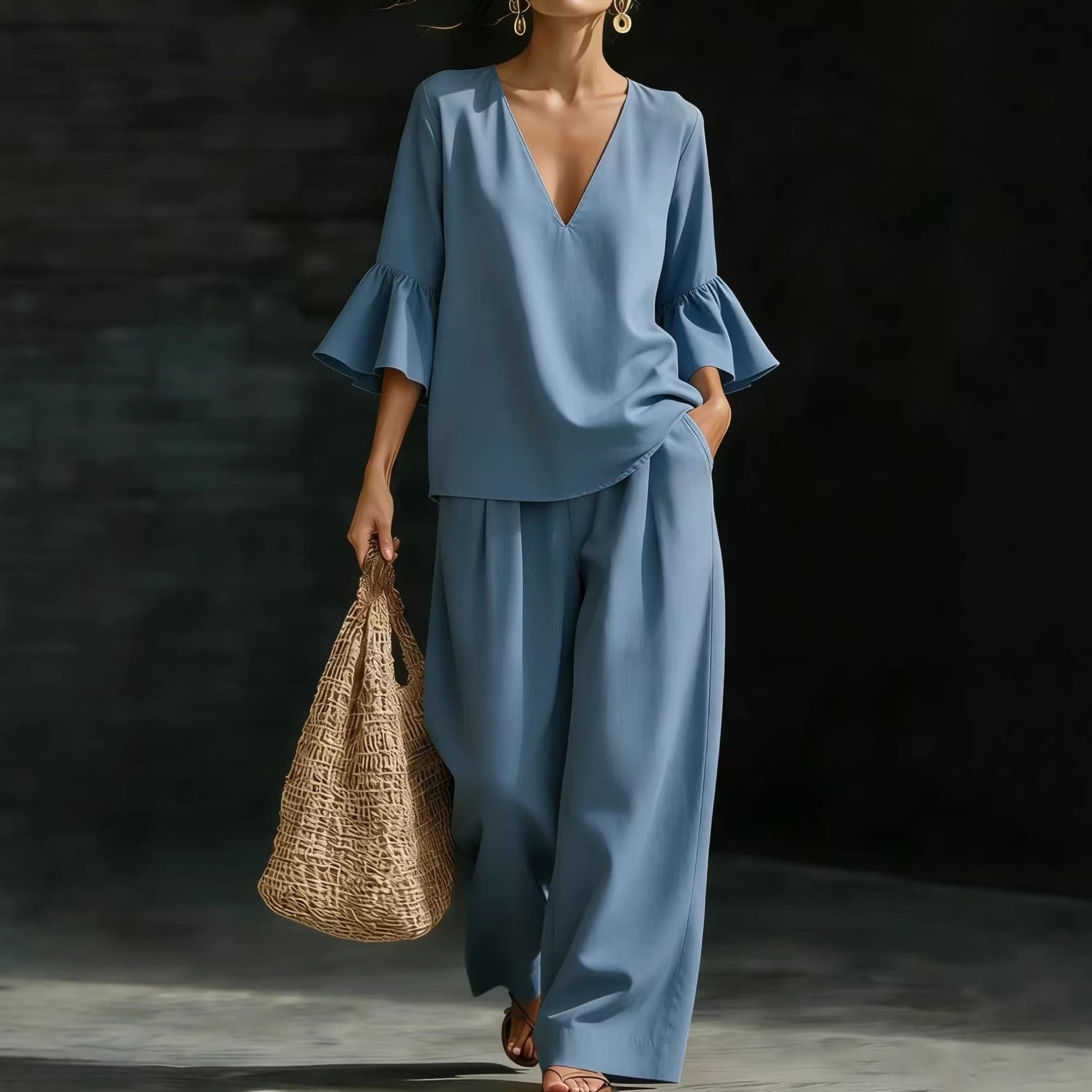 Ensembles deux pièces en lin pour femmes – Haut élégant à col en V et manches cloche à volants et pantalon large, ensemble décontracté d'été pour la maison