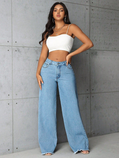 Women's High Waisted Wide Leg Denim Jeans | Plus Size Loose Fit Washed Light Blue Straight Long Pants