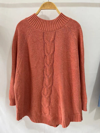 Elegant Cable Knit Mock Neck Poncho Sweater - Batwing Sleeve Slouchy Loose Pullover Plus Size