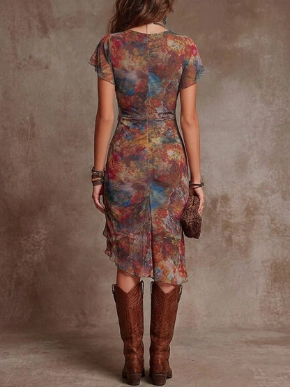 Retro Gypsy Style Flutter Sleeve Dress | Elegant High Waist Side Slit Holiday Sun Dress