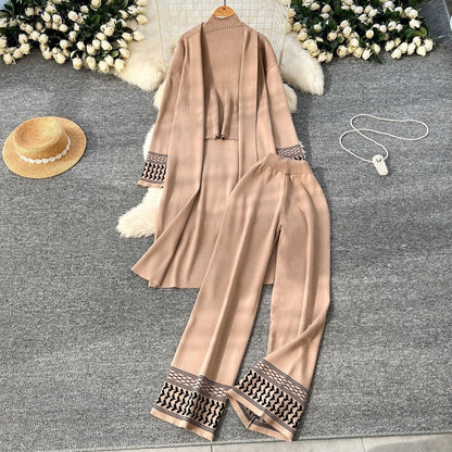 Chic 3-Piece Jacquard Knit Lounge Set - Open Front Shawl Cardigan, Crewneck Top & Wide Leg Pants