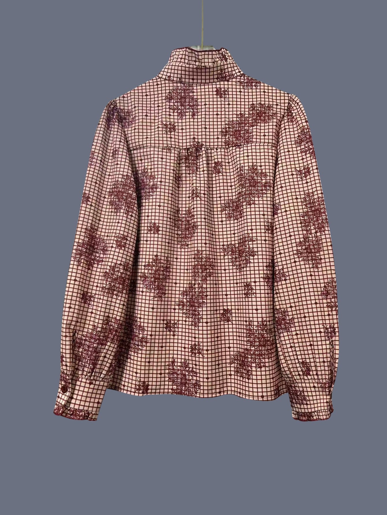 Vintage Plaid Floral Ruffle Blouse - Long Sleeve Stand Collar Button-Down Shirt for Women