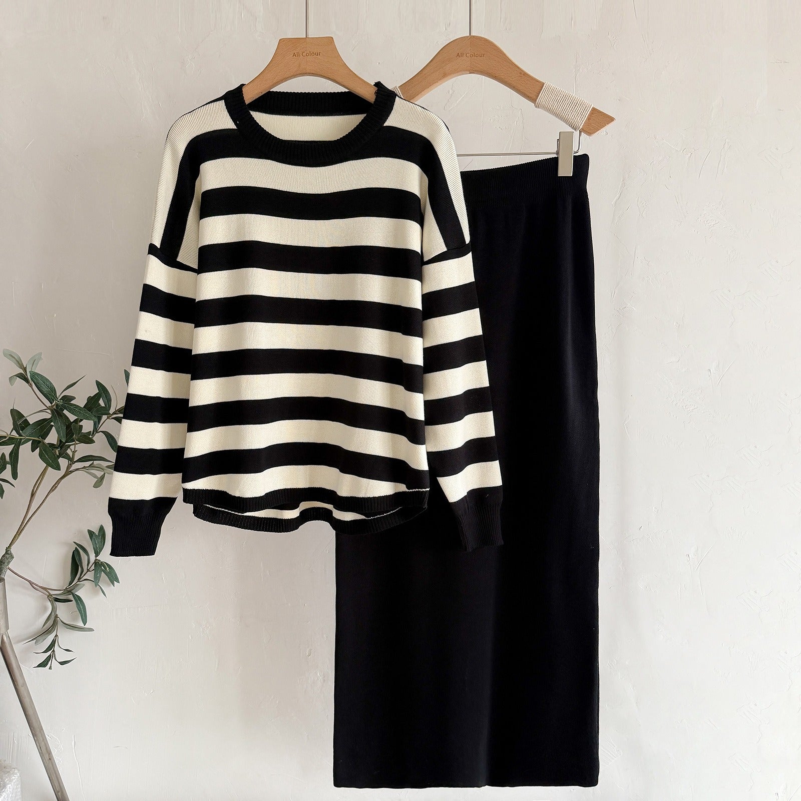 Old Money Striped Knit 2-Piece Set | Casual Loose Crew Neck Sweater & High Waist Long Maxi Skirt Suit