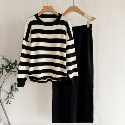 Old Money Striped Knit 2-Piece Set | Casual Loose Crew Neck Sweater & High Waist Long Maxi Skirt Suit