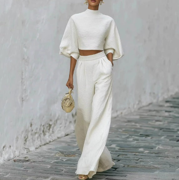 Elegant Two-Piece Matching Set - Mock Neck Crop Top & High-Waist Wide Leg Pants Set