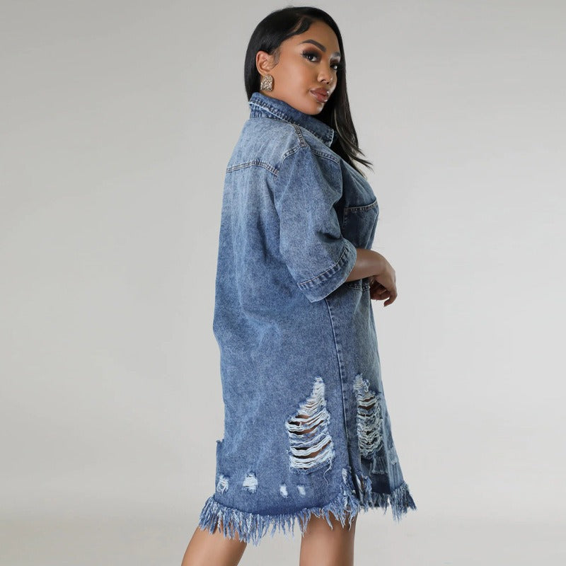 Women's Ripped Denim Shirt Dress | Loose Fit Short Sleeve Washed Jean Jacket Outwear with Fringed Hem