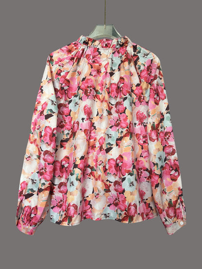 Vintage Floral Smocked Ruffle Blouse - Long Sleeve Slouchy Button-Down Shirt for Women