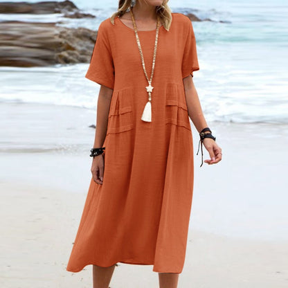 Boho Chic Blue Summer Dress for Women – Elegant Round Neck Tiered Tunic Dress, Breezy Minimalist Resort Wear Midi Gown
