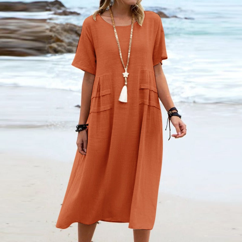 Boho Chic Blue Summer Dress for Women – Elegant Round Neck Tiered Tunic Dress, Breezy Minimalist Resort Wear Midi Gown
