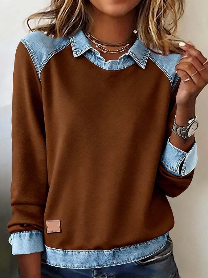 Women's Denim Patchwork Sweatshirt | Casual Polo Collar Long Sleeve Fake Two-Piece Jumper