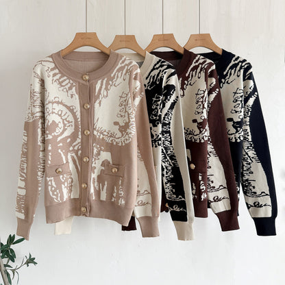 Vintage Jacquard 2-Piece Knit Set - Button-Down Cardigan & High-Waist Wide Leg Pants Lounge Set