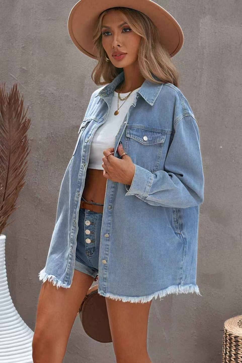Vintage Oversized Denim Button Down Shirt for Women - Streetwear Coat with Side Pockets