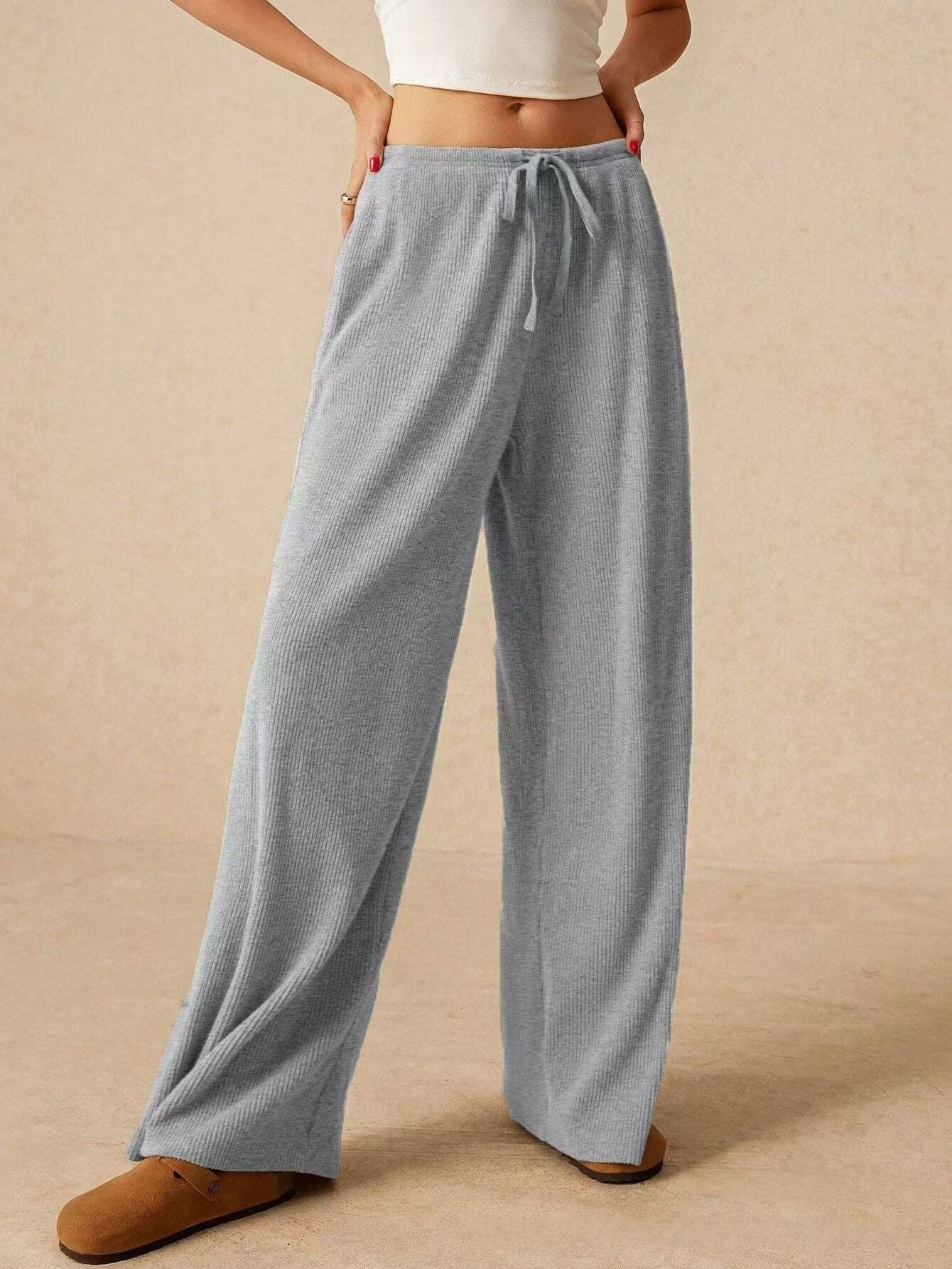 Ribbed Corduroy Wide Leg Lounge Pants | Solid High Waist Drawstring Loose Flowy Casual Trousers