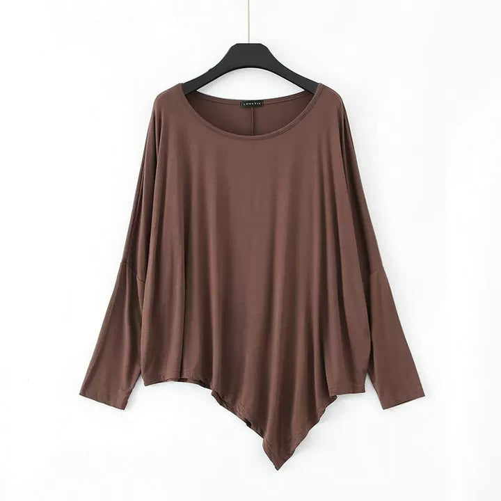 T-shirt ample en modal pour femme - Haut à manches chauve-souris et ourlet asymétrique