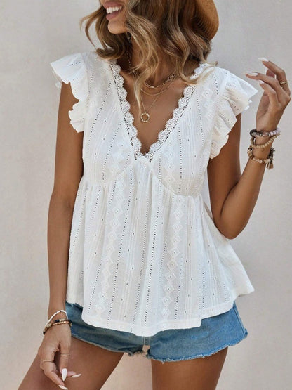 Eyelet Lace V-Neck Ruffle Blouse | Embroidered Short Sleeve Casual Babydoll Shirt Top