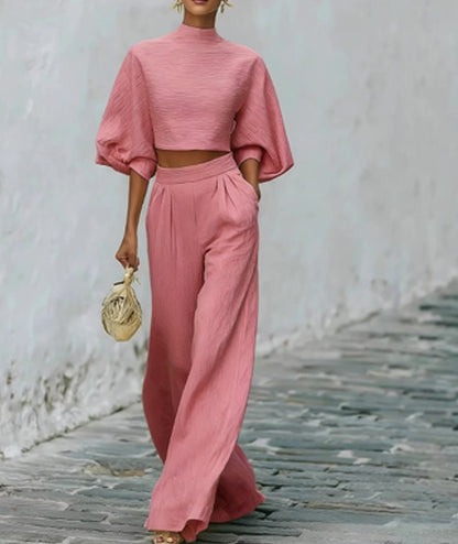 Elegant Two-Piece Matching Set - Mock Neck Crop Top & High-Waist Wide Leg Pants Set
