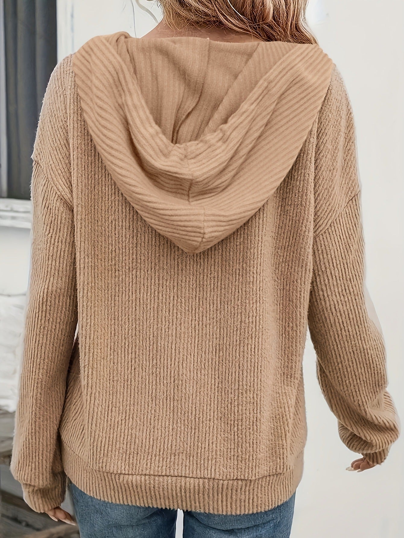 Women's Ribbed Knit Hoodie Pullover | Casual V-Neck Button Front Long Sleeve Sweatshirt