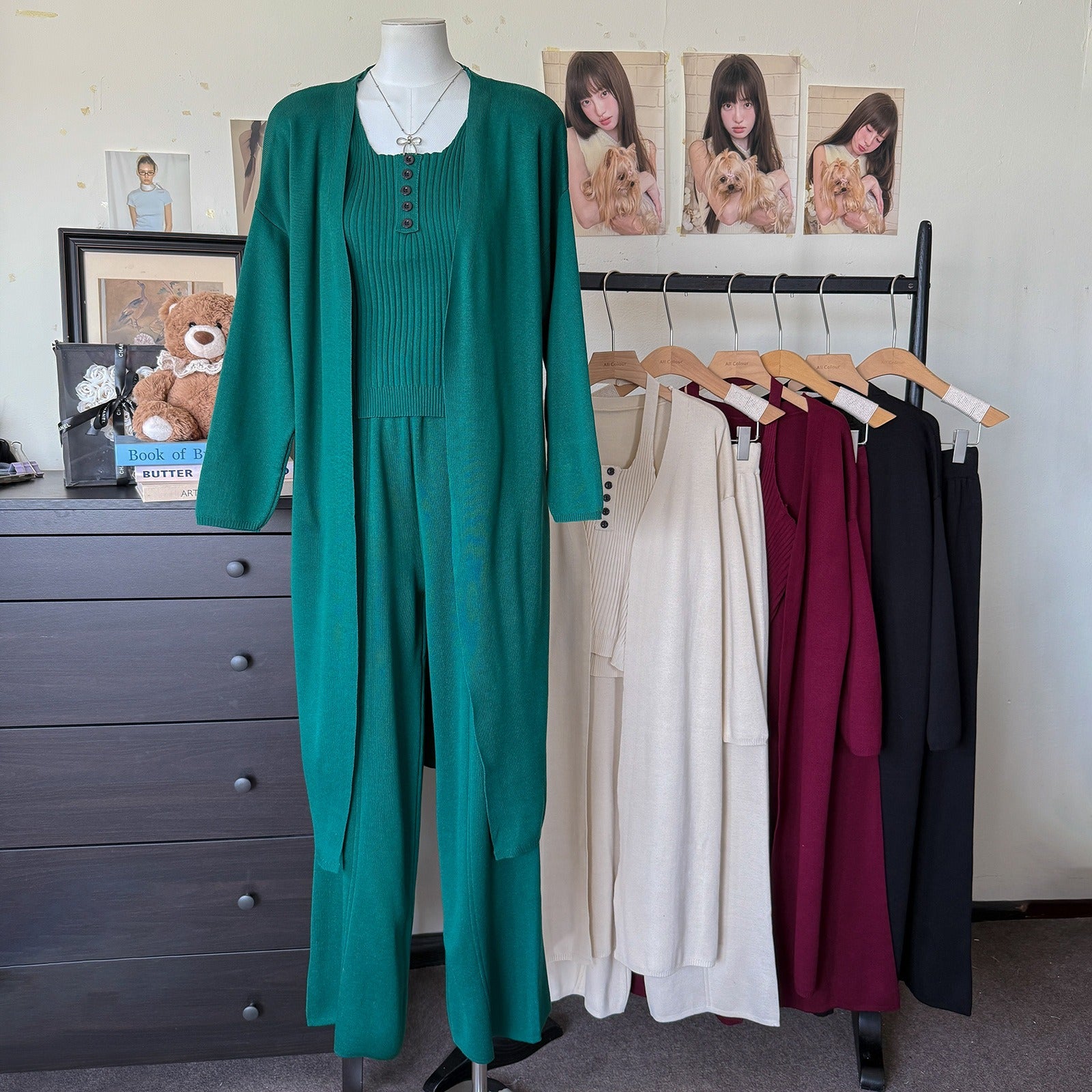 Ribbed Slimming Knit 3-Piece Set | Open Front Long Cardigan Button Square Neck Cami & Wide Leg Pants Suit