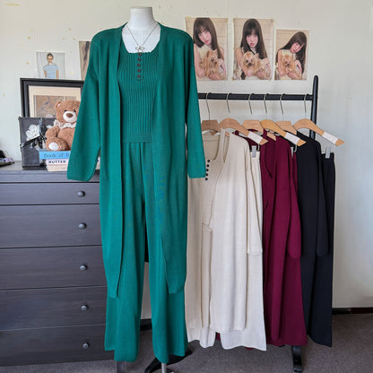 Ribbed Slimming Knit 3-Piece Set | Open Front Long Cardigan Button Square Neck Cami & Wide Leg Pants Suit