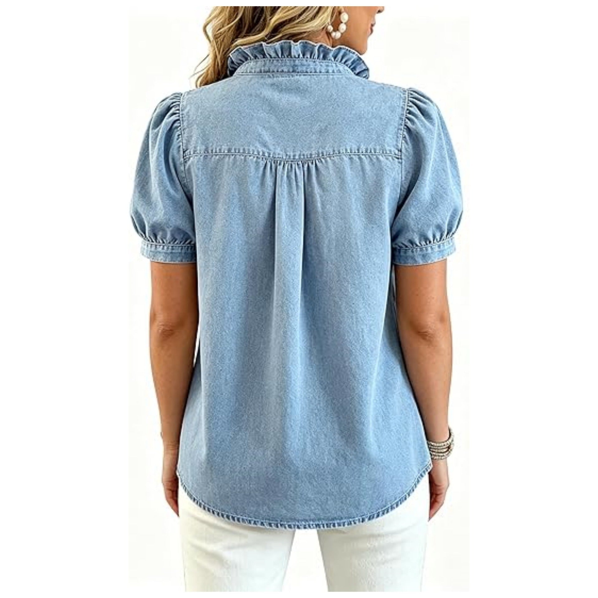 Women's Ruffle Denim Shirt Short Sleeve | Soft Washed Blue Jean Blouse with Puff Sleeves & Frill Trim