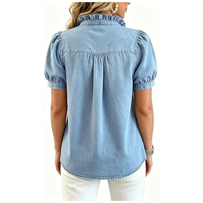 Women's Ruffle Denim Shirt Short Sleeve | Soft Washed Blue Jean Blouse with Puff Sleeves & Frill Trim