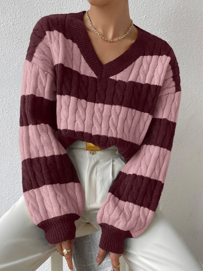 Women's Striped Cable Knit V-Neck Sweater | Casual Loose Fit Color Block Pullover Top