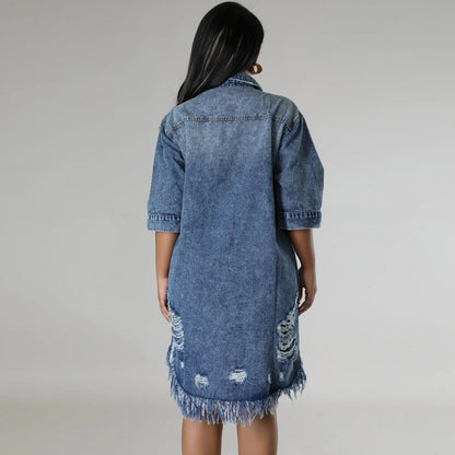 Women's Ripped Denim Shirt Dress | Loose Fit Short Sleeve Washed Jean Jacket Outwear with Fringed Hem