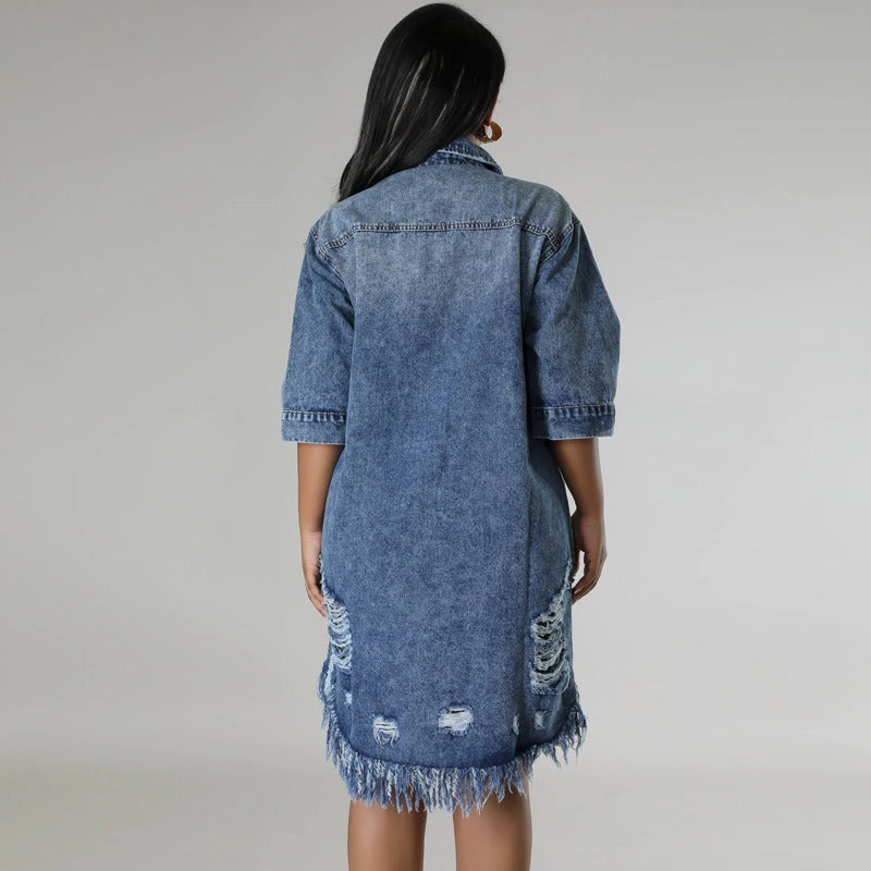 Women's Ripped Denim Shirt Dress | Loose Fit Short Sleeve Washed Jean Jacket Outwear with Fringed Hem