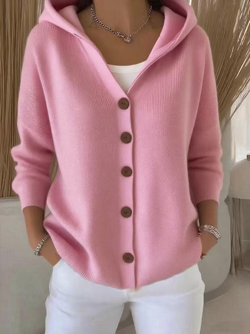 Women's Hooded Knitted Cardigan | Casual Button Down Solid Color Long Sleeve Sweater Coat