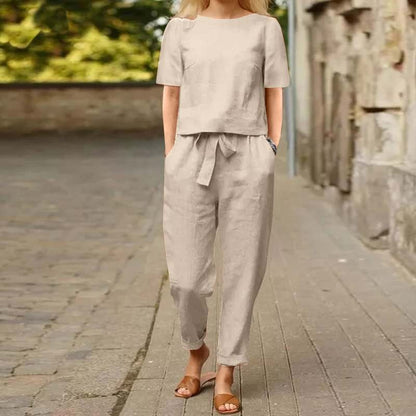 Ensemble assorti d'été minimaliste beige pour femme – Tunique chic en coton et lin et pantalon sarouel ceinturé, tenue 2 pièces légère pour le quotidien