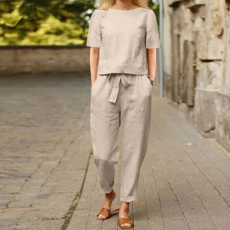 Ensemble assorti d'été minimaliste beige pour femme – Tunique chic en coton et lin et pantalon sarouel ceinturé, tenue 2 pièces légère pour le quotidien