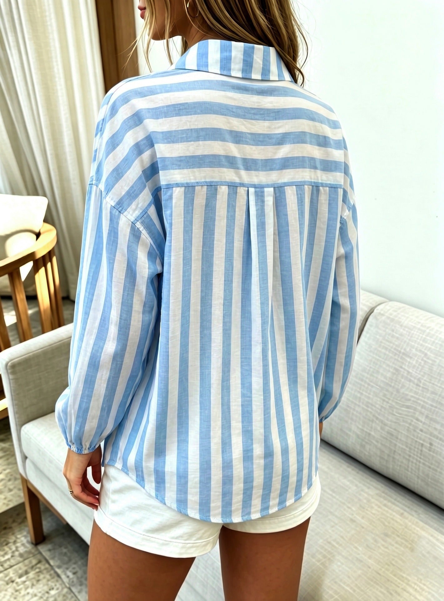 Vintage Striped Ruffle Button-Down Blouse - Long Sleeve Resort Style Collared Shirt for Women