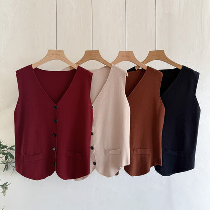 Chic 3-Piece Knit Lounge Set - Open Front Cardigan, V-Neck Button Vest & Wide Leg Pants