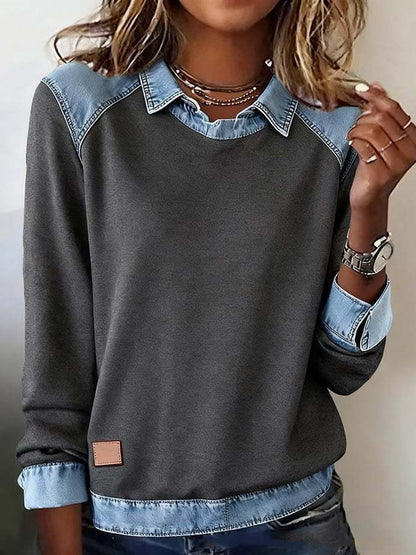 Women's Denim Patchwork Sweatshirt | Casual Polo Collar Long Sleeve Fake Two-Piece Jumper