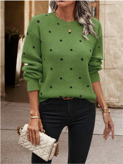 Women's Polka Dot Jacquard Knit Sweater | Casual Round Neck Long Sleeve Pullover Top