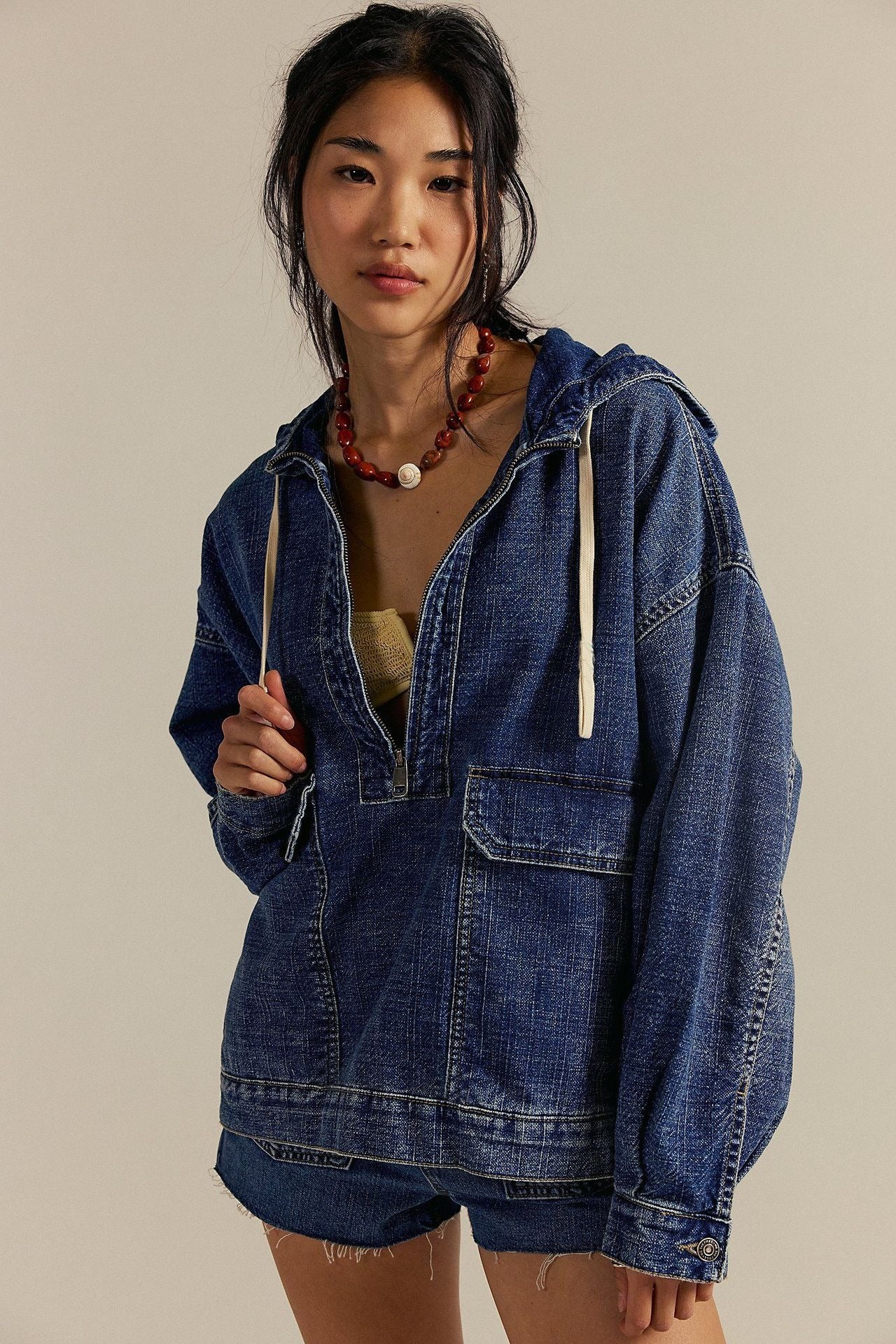Women's Denim Pullover Hoodie | Casual Long Sleeve Washed Jean Sweatshirt Top