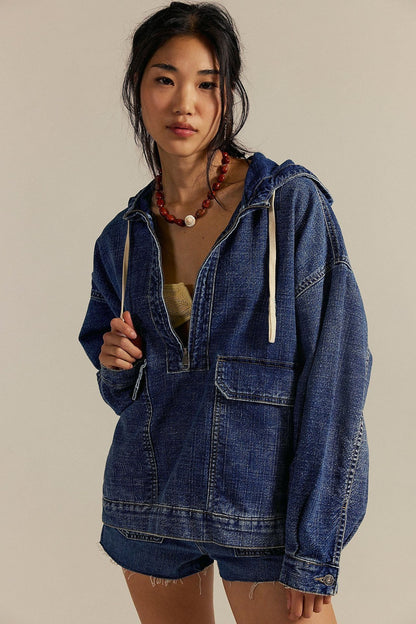 Women's Denim Pullover Hoodie | Casual Long Sleeve Washed Jean Sweatshirt Top