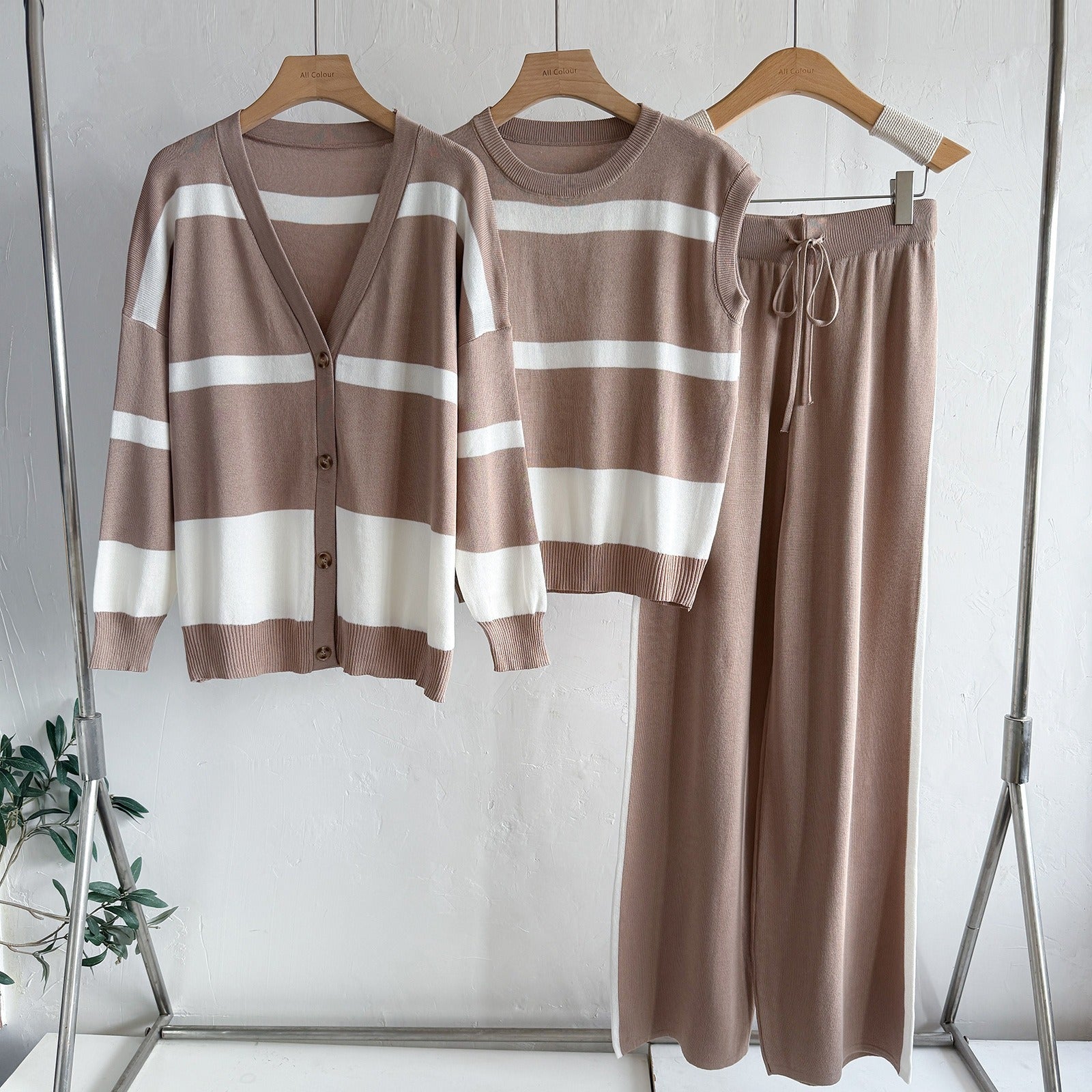 Mercerized Cotton Striped Knit 3-Piece Set | V-Neck Button Cardigan Sleeveless Vest Sweater & Wide Leg Pants Suit