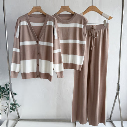 Mercerized Cotton Striped Knit 3-Piece Set | V-Neck Button Cardigan Sleeveless Vest Sweater & Wide Leg Pants Suit