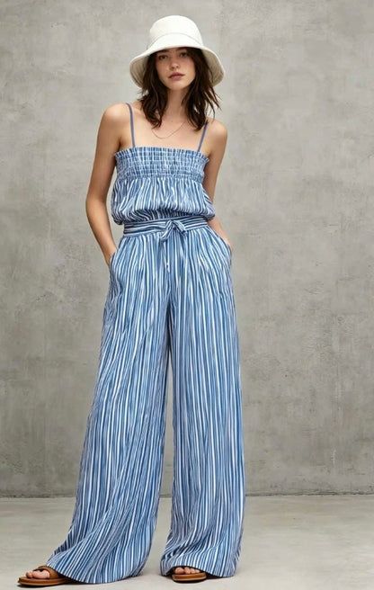 Chic Vertical Stripe Co-ord Set for Women - Smocked Camisole and Breezy Trousers