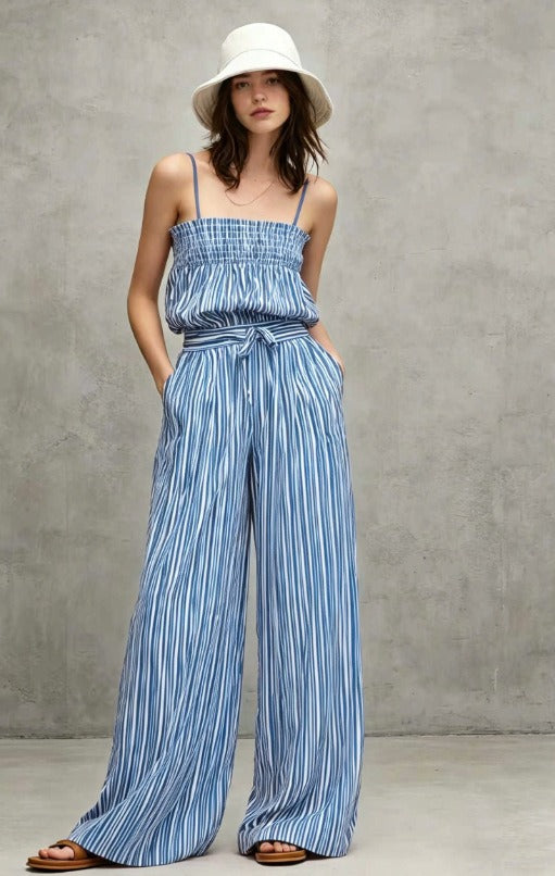 Chic Vertical Stripe Co-ord Set for Women - Smocked Camisole and Breezy Trousers