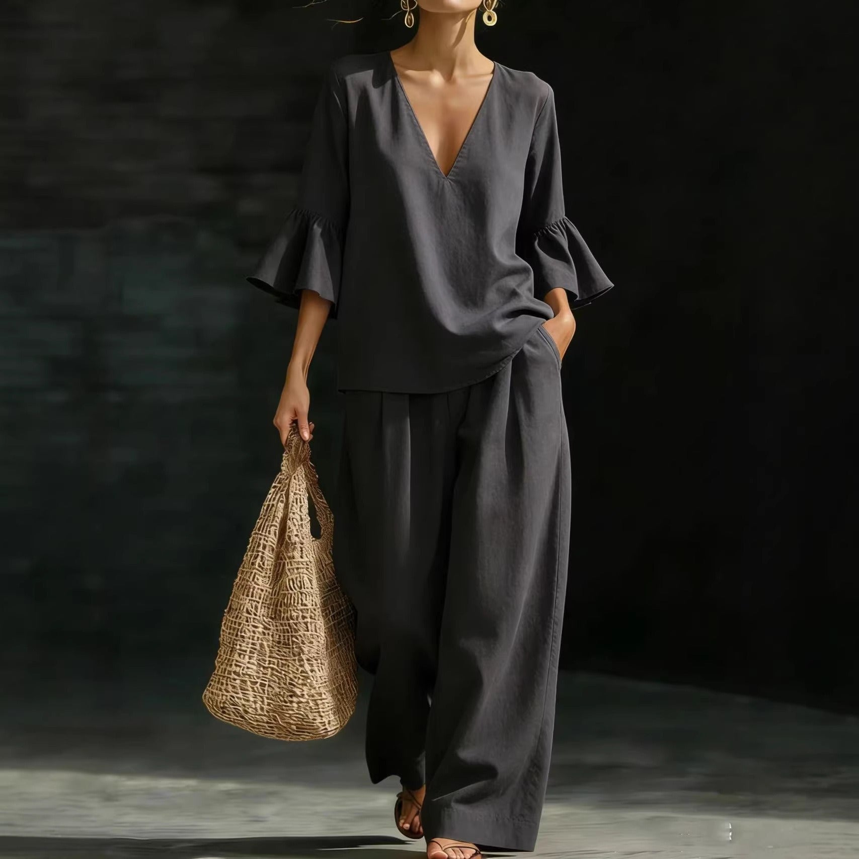 Ensembles deux pièces en lin pour femmes – Haut élégant à col en V et manches cloche à volants et pantalon large, ensemble décontracté d'été pour la maison