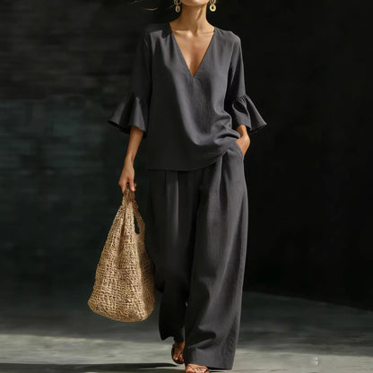 Ensembles deux pièces en lin pour femmes – Haut élégant à col en V et manches cloche à volants et pantalon large, ensemble décontracté d'été pour la maison