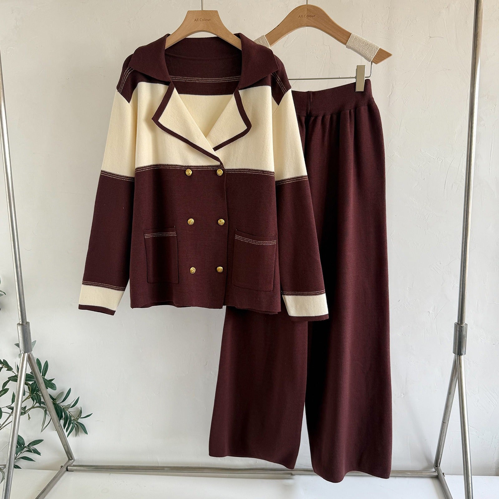Old Money Double-Breasted Knit 2-Piece Set | Short Sleeve Blazer Cardigan & Wide Leg Pants Suit