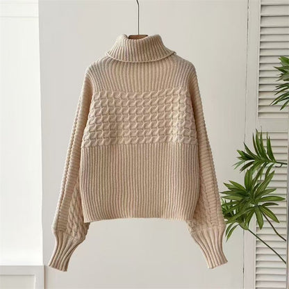 Chic Cable Knit Turtle Neck Sweater - Slouchy Lantern Sleeve Solid Pullover Knitwear