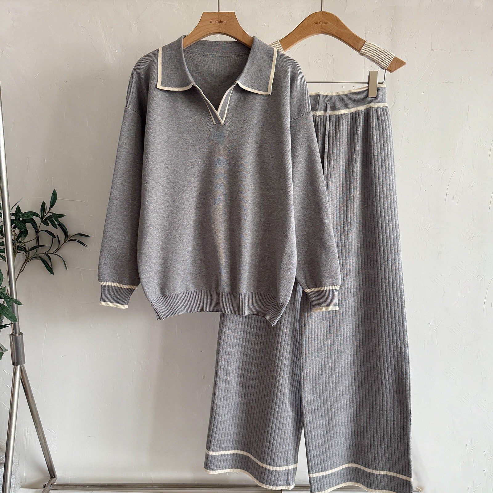 Old Money Contrast Polo Knit 2-Piece Set | Casual High Waist Slimming Wide Leg Pants Suit