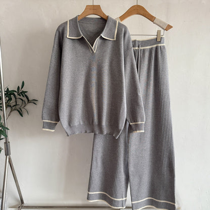 Old Money Contrast Polo Knit 2-Piece Set | Casual High Waist Slimming Wide Leg Pants Suit