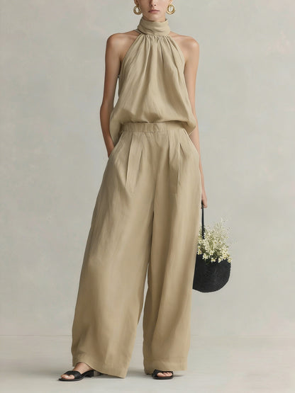 Chic Halter Neck Sleeveless Top & High-Waist Wide Leg Pants 2-Piece Linen Blend Lounge Set